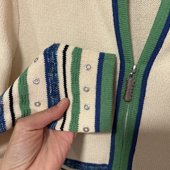 VTG St. John Sport Wool Rayon Zip Cardigan Green Blue Small Rivets Striped - Picture 3 of 9